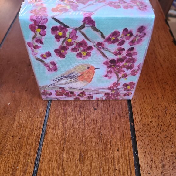 NEW Small Wood Framed Canvas Print Robin & Cherry Tree 4" x 4" x 1.5" - Picture 5 of 5